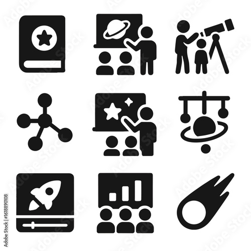 Educational Space Icons. Solid, filled icon set of educational space content: science book, astronomy class, kids with telescope,
