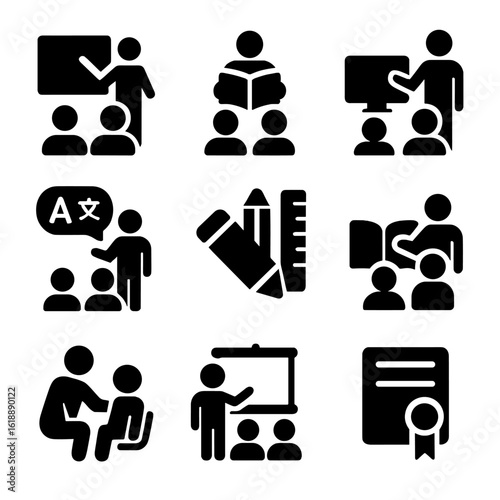 Educational Volunteering Icons. Solid, filled icon set of educational volunteering: teaching, reading books, computer training,