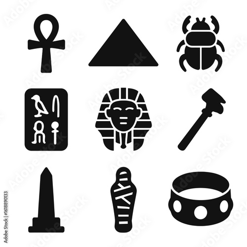 Egyptian Artifacts Icons. Solid, filled icon set of Egyptian artifacts: ankh, pyramid, scarab, hieroglyphs, pharaoh mask, scepter,