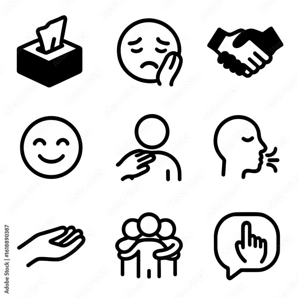 Emotional Support Icons. Solid, filled icon set of emotional support gestures: tissue box, empathy face, handshake, supportive Emotional Support Icons. Solid, filled icon set of emotional support gestures: tissue box, empathy face, handshake, supportive