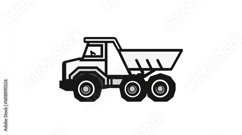 A single vector icon of a dump truck (mining), bold black outline, flat colors, no gradient, simple and modern style, white background, high contrast