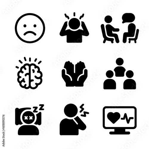 Emotional Impact Icons. Solid, filled icon set of emotional and psychological impact: sad face, anxious person, therapy session,