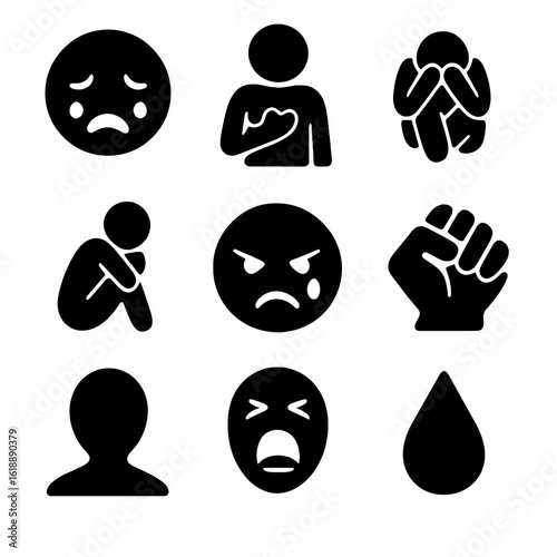 Emotional Pain Icons. Solid, filled icon set of emotional pain reactions: crying face, hand over heart, head in hands, isolating