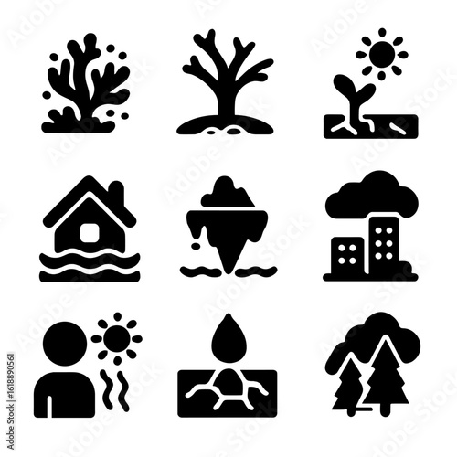 Environmental Icons Set. Solid, filled icon set of environmental consequences: coral bleaching, dry tree, desertification, flooded