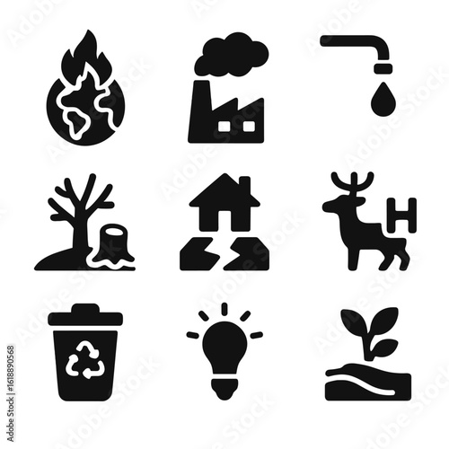Environmental Challenges Icons. Solid, filled icon set of environmental challenges addressed by AI: global warming, air pollution,
