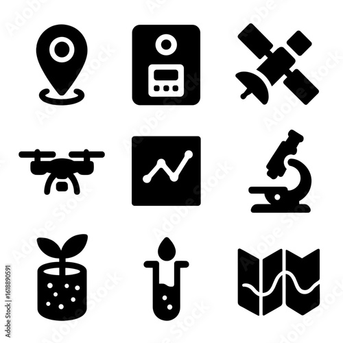 Environmental Tools Icons. Solid, filled icon set of environmental tools: GPS tracker, camera trap, satellite, drone, data chart,