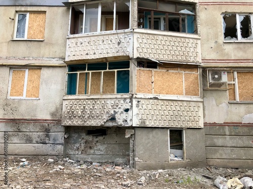Kharkiv, Ukraine - summer 2022–2025: Destroyed and burned apartments in a multi-storey residential building. Residential area Saltovka. War in Ukraine.