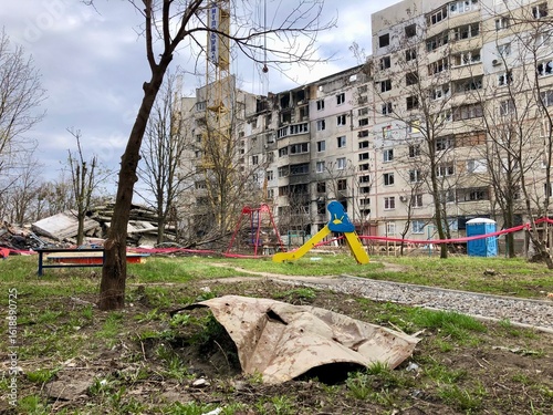 Kharkiv, Ukraine - summer 2022–2025: Destroyed and burned apartments in a multi-storey residential building. Residential area Saltovka. War in Ukraine.