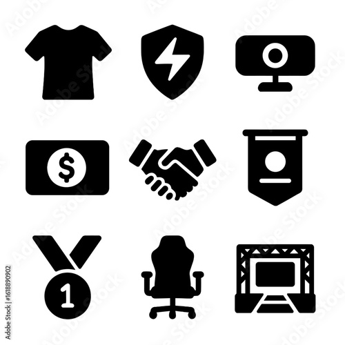 Esports Sponsorship Icons. Solid, filled icon set of esports sponsorship elements: team jersey, logo, streaming camera, prize