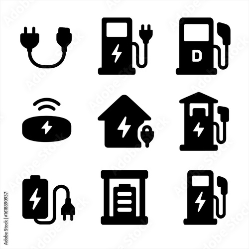 EV Charging Icons. Solid, filled icon set of EV charging types: level 1 charger, level 2 charger, DC fast charger, wireless