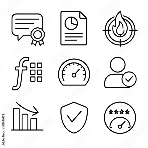 Evaluation Metrics Icons. Outline icon set of model evaluation metrics: BLEU score, ROUGE metric, TER, METEOR score, chrF,