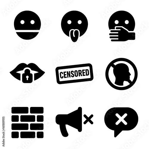 Expression Barriers Icons. Solid, filled icon set of barriers to expression: gagged mouth, tied tongue, hand over mouth, locked