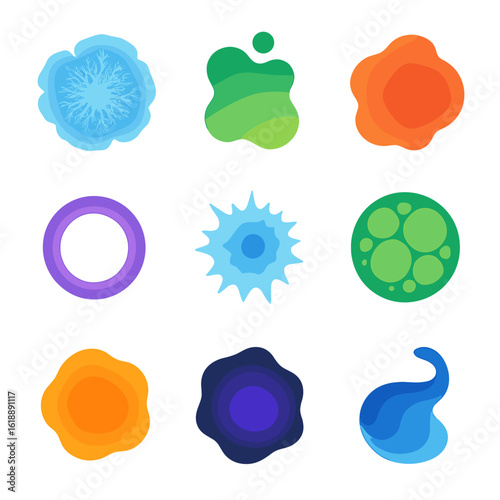 Experimental Spills Icons. Flat icon set of experimental spills: solubility bloom, chemical reaction blob, pigment bleed, alcohol