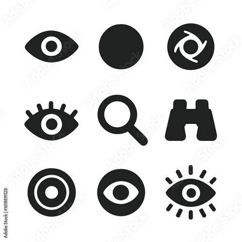 Eye Focus Icons. Solid, filled icon set of staring and eye focus: open eye, eyeball, pupil, iris, eyelashes, magnifying glass,