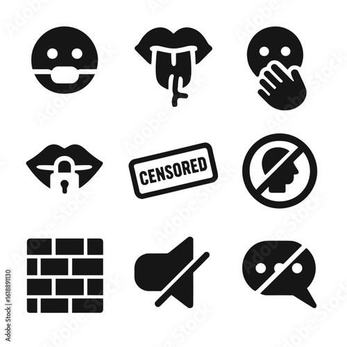 Expression Barriers Icons. Solid, filled icon set of barriers to expression: gagged mouth, tied tongue, hand over mouth, locked