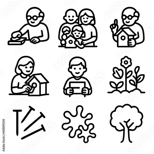 Family Crafting Icons. Solid, filled icon set of family building birdhouses with seniors: sanding wood, family assembling, senior