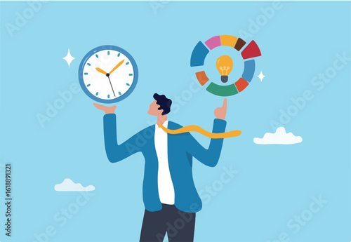 Time management, efficiency, productivity to finish work, delegation, finish tasks, prioritize responsibility, manage schedule, planning concept, businessman holding time clock with pie chart routine