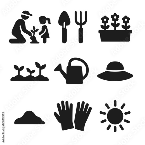 Family Gardening Icons. Solid, filled icon set of family gardening moments: father and daughter, garden tools, flower bed, plants,