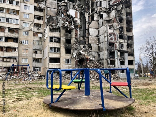 Kharkiv, Ukraine - summer 2022–2025: Destroyed and burned apartments in a multi-storey residential building. Residential area Saltovka. War in Ukraine.