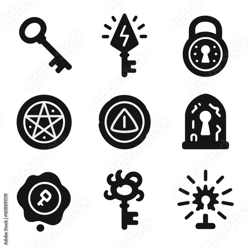 Fantasy Keys Icon Set. Solid, filled icon set of fantasy keys and seals: skeleton key, glowing rune key, arcane lock, magic seal,