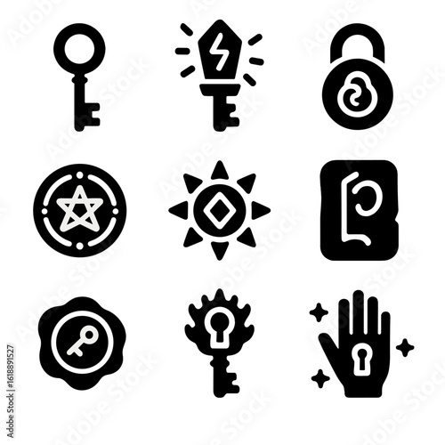 Fantasy Keys Icon Set. Solid, filled icon set of fantasy keys and seals: skeleton key, glowing rune key, arcane lock, magic seal,