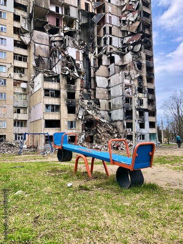 Kharkiv, Ukraine - summer 2022–2025: Destroyed and burned apartments in a multi-storey residential building. Residential area Saltovka. War in Ukraine.