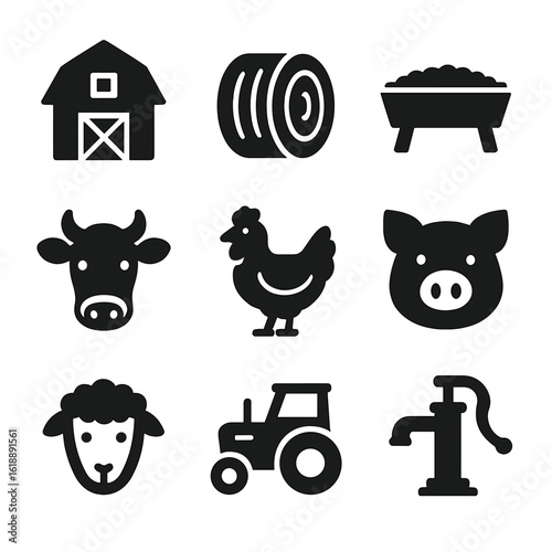 Farm Icons Grid. Solid, filled icon set of farm animal care: barn, hay bale, feeding trough, cow, chicken, pig, sheep, tractor,