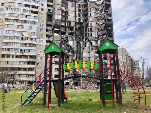 Kharkiv, Ukraine - summer 2022–2025: Destroyed and burned apartments in a multi-storey residential building. Residential area Saltovka. War in Ukraine.