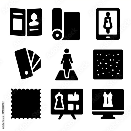 Fashion Design Icons. Solid, filled icon set of fashion design pattern sources: magazine clipping, fabric roll, digital sketch,