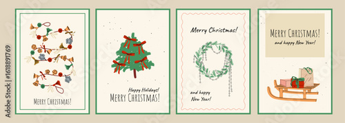 Christmas new year winter holiday greeting card with xmas decoration, tree, sleigh with gift boxes, wreath. Vector illustration poster in hand drawn cartoon flat coquette style.