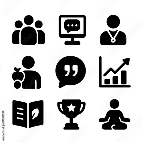 Fasting Support Icons. Solid, filled icon set of fasting support: community group, online forum, coach, nutritionist, motivational