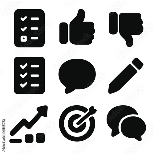 Feedback Icon Set. Solid, Filled icon set of giving and receiving feedback: feedback form, thumbs up, thumbs down, checklist,