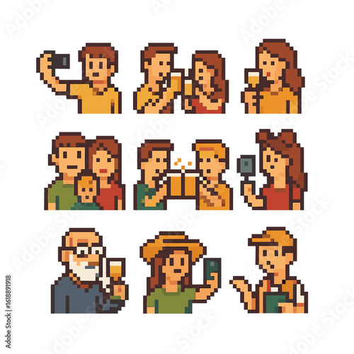 Festival Icon Set. Pixel art icon set of festival visitors: group selfie, couple clinking, solo taster, family trio, friends