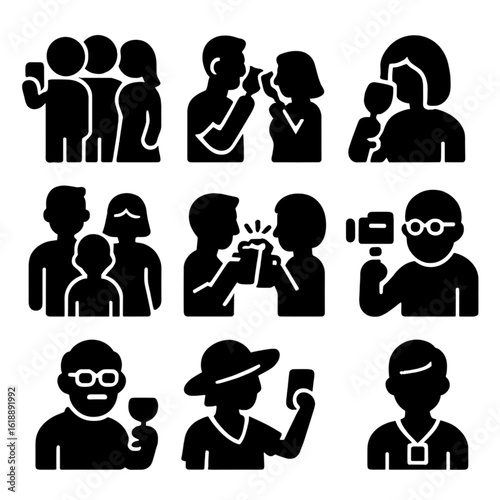 Festival Icon Set. Solid, Filled icon set of festival visitors: group selfie, couple clinking, solo taster, family trio, friends