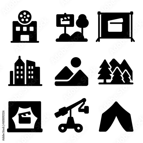 Film Location Icons. Solid, filled icon set of film locations: studio building, outdoor set, green screen, cityscape, desert scene