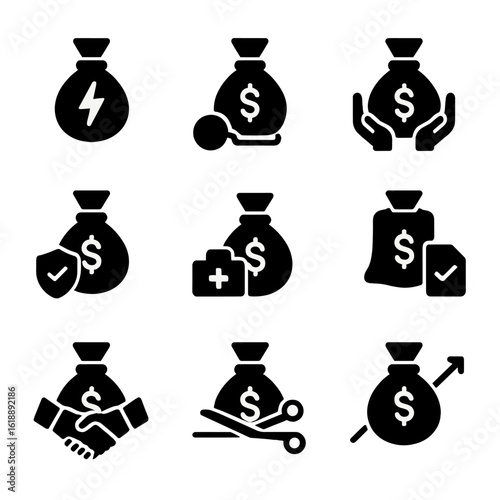 Financial Crisis Icons. Solid, filled icon set of money bag financial crisis and relief: bankruptcy, debt, bailout, insurance,