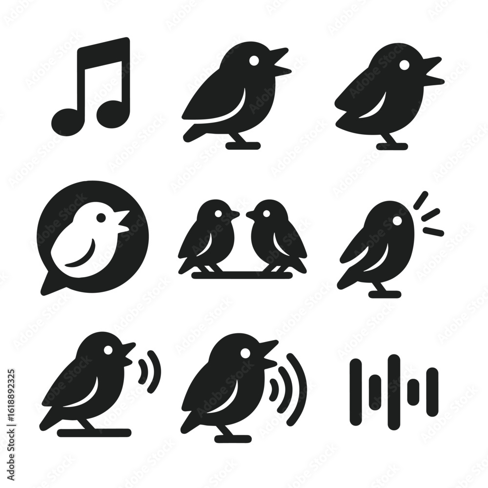 Obraz premium Finch Vocalization Icons. Solid, filled icon set of finch vocalization: musical note, beak open, sound wave, chirp bubble, duet