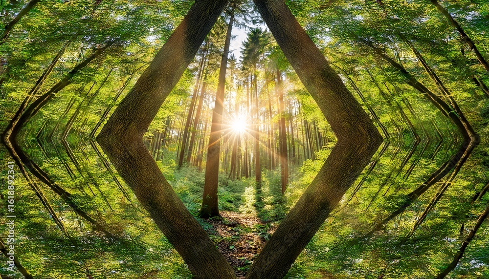 Obraz premium radiant sunlight through green tree canopy in vibrant forest scenery