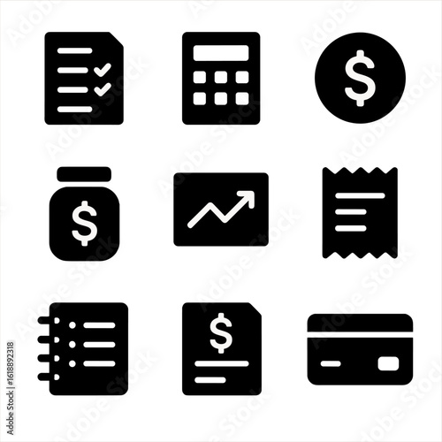 Financial Planning Icons. Solid, filled icon set of financial planning: budget sheet, calculator, dollar coin, savings jar,