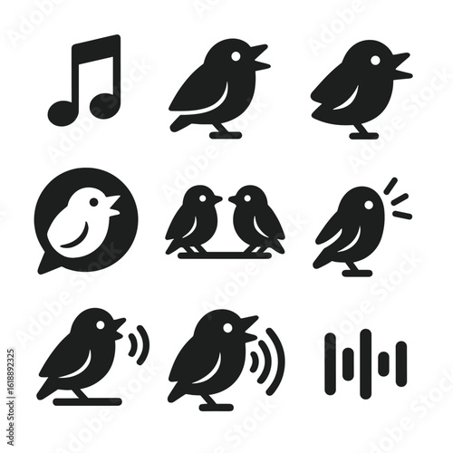 Finch Vocalization Icons. Solid, filled icon set of finch vocalization: musical note, beak open, sound wave, chirp bubble, duet