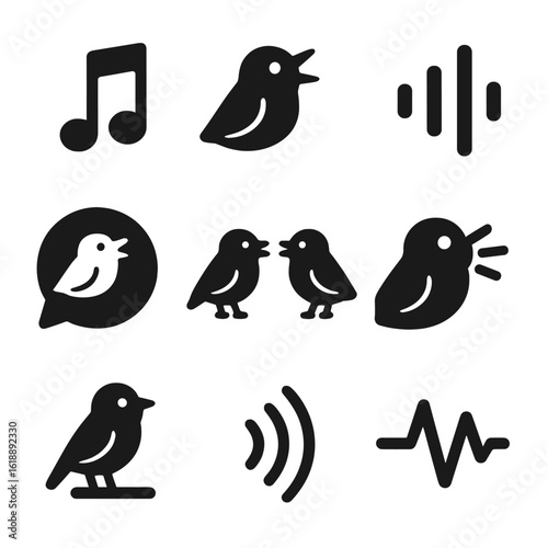 Finch Vocalization Icons. Solid, filled icon set of finch vocalization: musical note, beak open, sound wave, chirp bubble, duet