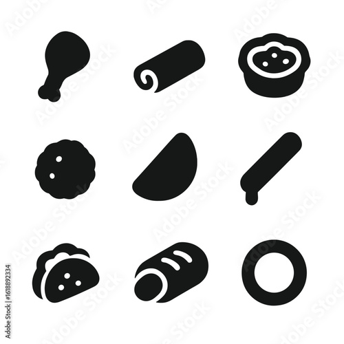 Finger Food Icons. Solid, Filled icon set of finger food assortment: chicken wing, spring roll, mini quiche, meatball, potato