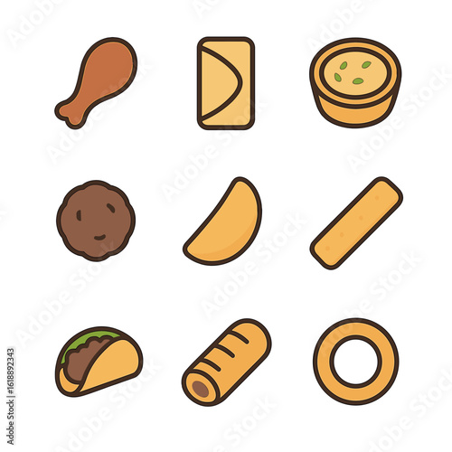 Finger Food Icons. Flat icon set of finger food assortment: chicken wing, spring roll, mini quiche, meatball, potato wedge,