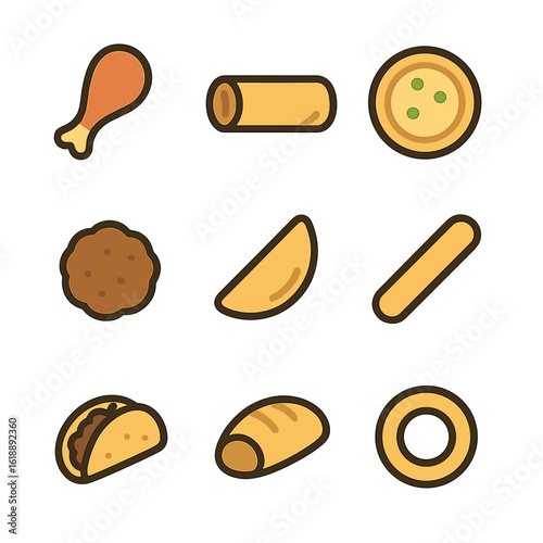 Finger Food Icons. Flat icon set of finger food assortment: chicken wing, spring roll, mini quiche, meatball, potato wedge,