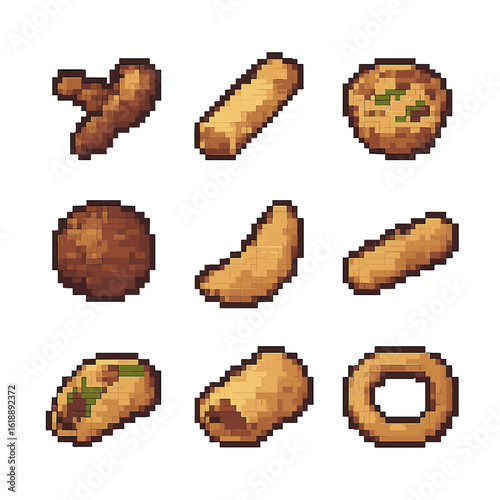 Finger Food Icons. Pixel art icon set of finger food assortment: chicken wing, spring roll, mini quiche, meatball, potato wedge,