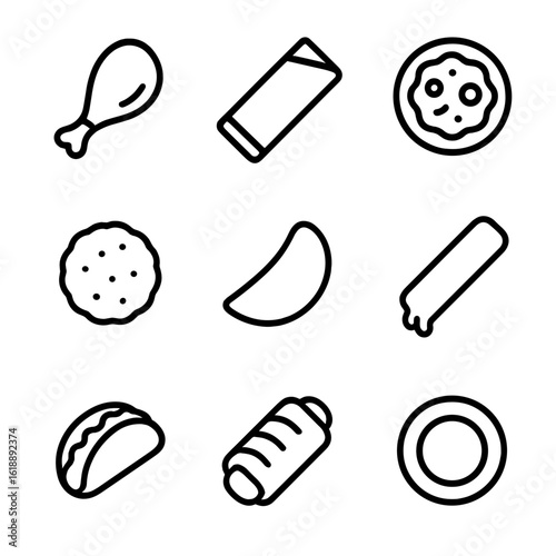 Finger Food Icons Grid. Outline icon set of finger food assortment: chicken wing, spring roll, mini quiche, meatball, potato wedge