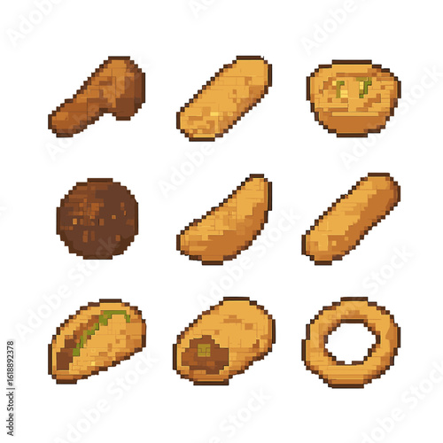 Finger Food Icons. Pixel art icon set of finger food assortment: chicken wing, spring roll, mini quiche, meatball, potato wedge,
