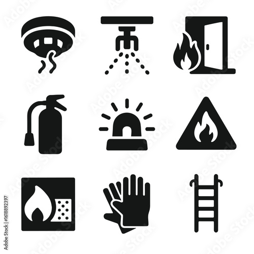Fire Safety Icons. Solid, filled icon set of fire prevention: smoke detector, sprinkler system, fire door, fire extinguisher,