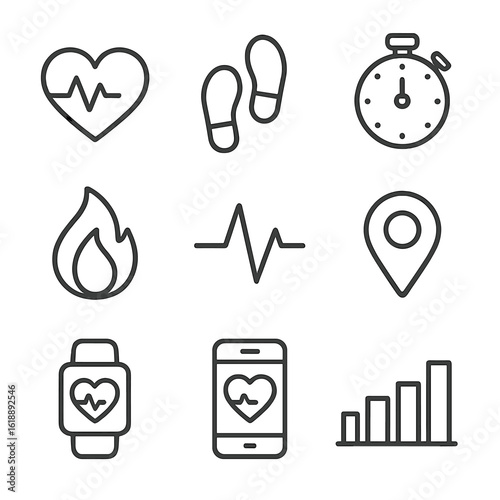 Fitness Icons Grid. Outline icon set of fitness tracking metrics: heart rate monitor, step counter, stopwatch, calories burned