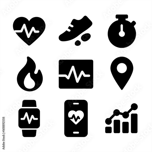 Fitness Metrics Icons. Solid, Filled icon set of fitness tracking metrics: heart rate monitor, step counter, stopwatch, calories
